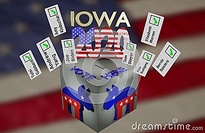 Iowa Caucuses ballot box candidate votes 3D illustration Cartoon Illustration