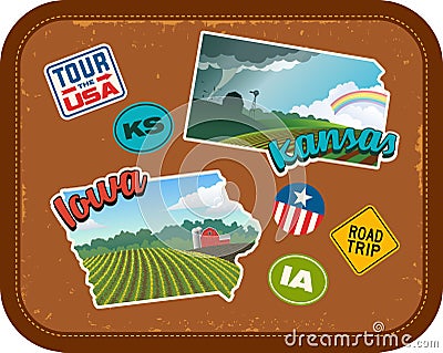 Iowa and Kansas travel stickers with scenic rural landscapes Vector Illustration