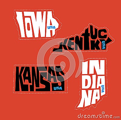 Iowa, Kentucky, Kansas, Indiana states names distorted into state outlines. Pop art style vector illustration for stickers. Vector Illustration