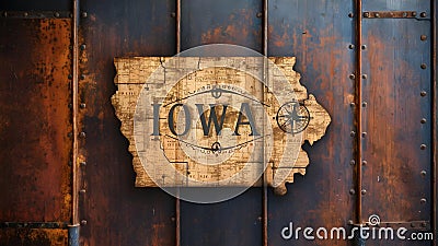 Iowa map on rusty metal surface vintage aesthetic rustic decor elemen. Concept Vintage Aesthetic, Stock Photo