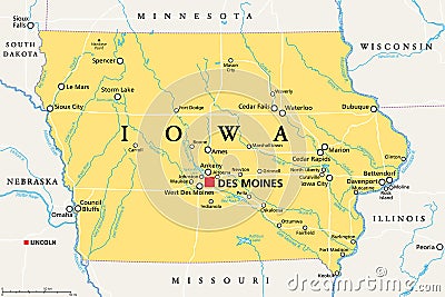 Iowa, IA, political map, US state, nicknamed The Hawkeye State Vector Illustration