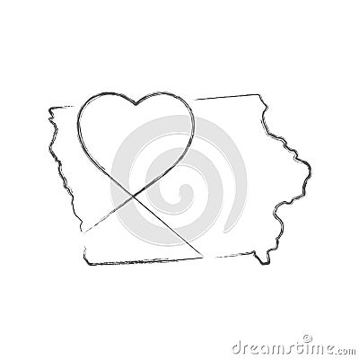 Iowa US state hand drawn pencil sketch outline map with the handwritten heart shape. Vector illustration Vector Illustration