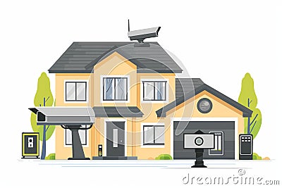IP camera setups at homes are shielded by security cameras with remote access, enabling networked security management. Cartoon Illustration