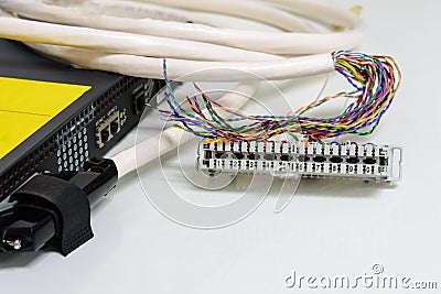 IP Telephony system, Telephone cabling patch panel with twisted pairs cables for digital and analog phone connected to sip trunk v Stock Photo