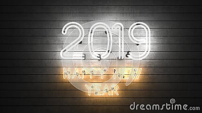 New Year 2019. Neon shapes with lights. Stock Photo