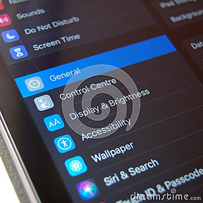 IPadOS / iOS Dark Mode, Menu to switch between Light and Dark Mode Interface/Theme Editorial Stock Photo