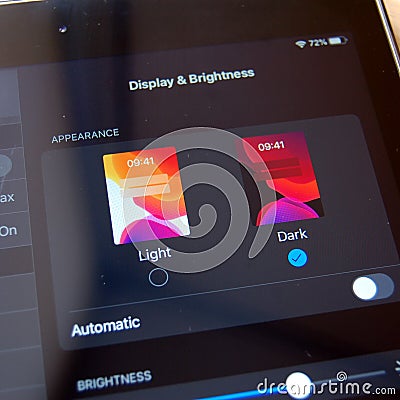 IPadOS / iOS Dark Mode, Menu to switch between Light and Dark Mode Interface/Theme Editorial Stock Photo