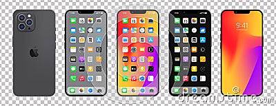 Iphone 14. Apple inc. smartphone with ios 14. Locked screen, phone navigation page, home page with 47 popular apps. Vector Vector Illustration