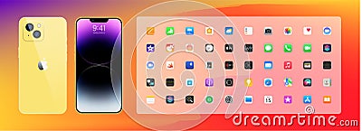 Iphone 15. Apple mockup. Apple interface. Apple apps. Apple logo button. Calendar, notes, history, main menu. IOS call screen Vector Illustration