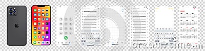 Iphone 15. Apple mockup. Apple interface. Apple apps. Phone navigation page. Calendar, notes, history, main menu. IOS call screen Vector Illustration