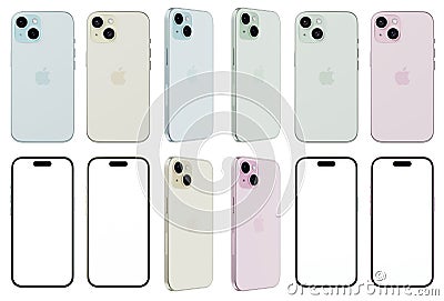 iPhone 15 in blue, yellow, green and pink colors. iPhone 15 with empty screen and different angle Editorial Stock Photo