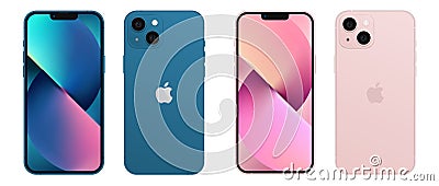 iPhone 13 or iphone 13 pro in two colors blue, rose by apple. Mock up screen iphone and back side phone Editorial Stock Photo