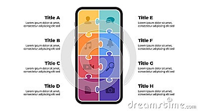 Iphone mock up. Infographic slide template. 8 steps puzzle banner. Electronic device presentation. User interface and Vector Illustration