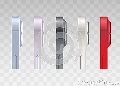 IPhone 14 and iPhone 14 Plus in different colors - Starlight, Blue, Midnight, Red, Purple. Touch screen. World technology. Kyiv, Vector Illustration