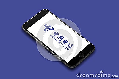 Iphone 8 plus smart phone lies on a flat colored surface. China Telecom logo onscreen, telecommunications provider, online 5 Editorial Stock Photo