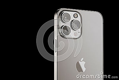 iPhone 13 pro on a black background. three close-up phone cameras, apple logo. russia, krasnoyarsk 13 october 2021 Editorial Stock Photo