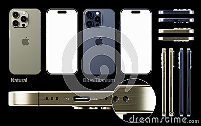 iPhone 15 pro 3d render in natural titanium and blue titanium color mockup collection Editorial Stock Photo