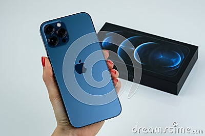 IPhone 12 Pro Max in Pacific Blue. Editorial Stock Photo