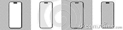 Iphone 14, 14 pro set mockup. Smartphone model with shadow on transparent background. 3D mobile phone with transparent screens. Vector Illustration