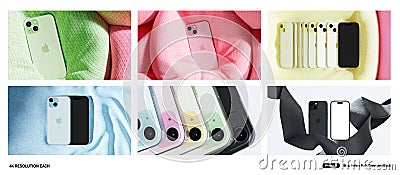 IPhone 15 product banner collection. cute colorful pastels iPhone 15 scene background. Editorial Stock Photo