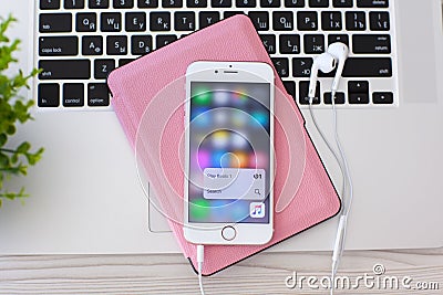 IPhone 6S Rose Gold with function 3D Touch Apple Music Editorial Stock Photo