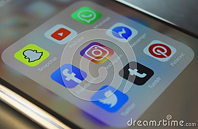 Iphone 10 XS apple phone application social networking network media instagram facebook youtube Whatsapp twitter internet screen Editorial Stock Photo