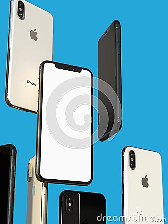 IPhone XS Gold, Silver and Space Grey smartphones, floating in air, white screen Editorial Stock Photo