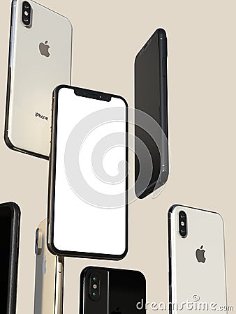 IPhone XS Gold, Silver and Space Grey smartphones, floating in air, white screen Editorial Stock Photo