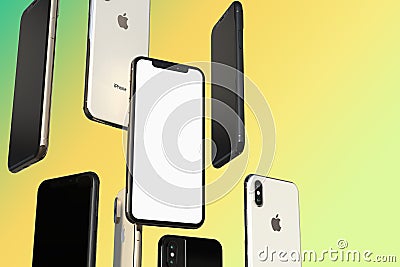 IPhone XS Gold, Silver and Space Grey smartphones, floating in air, white screen Editorial Stock Photo