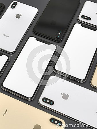 IPhone XS Gold, Silver and Space Grey smartphones, mosaic composition Editorial Stock Photo