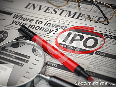 IPO Initial public offering concept. Where to Invest concept, Investments newspaper with loupe and marker Cartoon Illustration