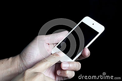 Ipod on hand with finger pointing Stock Photo