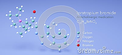 Ipratropium bromide molecule, molecular structures, Atrovent, 3d model, Structural Chemical Formula and Atoms with Color Coding Stock Photo