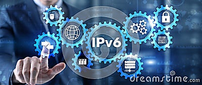 IPv6. Businessman pressing touch screen interface and select icon Internet Protocol Stock Photo