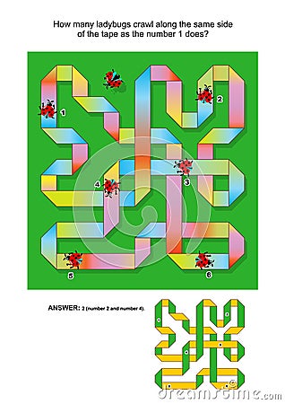 IQ training abstract visual puzzle with ladybugs crawling along the curling tape Vector Illustration