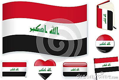 Irak flag wave, book, circle, pin, button, heart and sticker. Vector Illustration