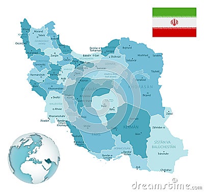 Iran administrative blue-green map with country flag and location on a globe Cartoon Illustration