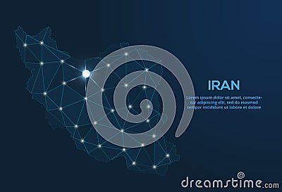 Iran communication network map. Vector low poly image of a global map with lights in the form of cities. Map in the form of a Vector Illustration