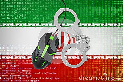 Iran flag and handcuffed computer mouse. Combating computer crime, hackers and piracy Stock Photo