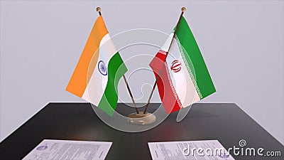 Iran and India national flags. Partnership deal 3D illustration, politics and business agreement cooperation Cartoon Illustration