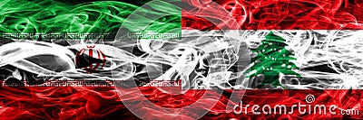 Iran vs Lebanon smoke flags placed side by side. Thick colored silky smoke flags of iranian and Lebanon. Stock Photo