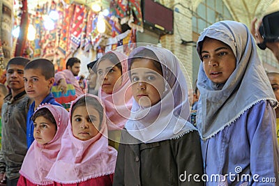 Iranian group of primary school children visited market or Vakil Bazaar. Editorial Stock Photo