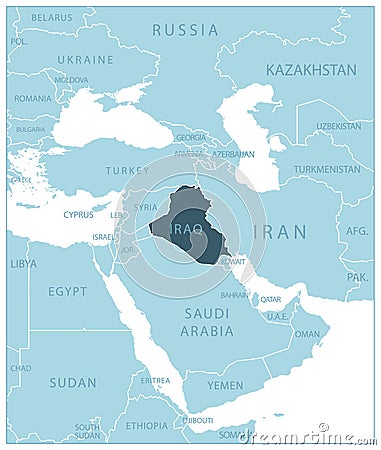 Iraq - blue map with neighboring countries and names Cartoon Illustration