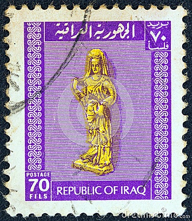 IRAQ - CIRCA 1973: A stamp printed in Iraq shows a statue of a Goddess, circa 1973. Editorial Stock Photo