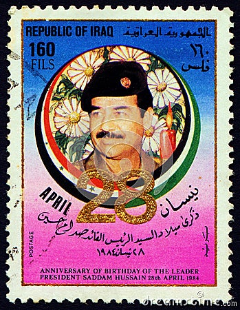 IRAQ - CIRCA 1984: A stamp printed in shows Saddam Hussein, Editorial Stock Photo