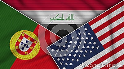 Iraq United States of America Portugal Flags Together Fabric Texture Illustration Stock Photo