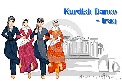 Iraqi People performing Kurdish dance of Iraq Vector Illustration