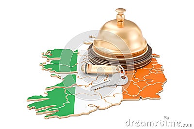 Ireland booking concept. Irish flag with hotel key and reception Stock Photo