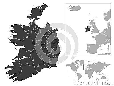 Ireland - detailed country outline and location on world map. Vector Illustration