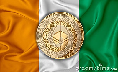 Ireland flag ethereum gold coin on flag background. The concept of blockchain bitcoin currency decentralization in the country Editorial Stock Photo